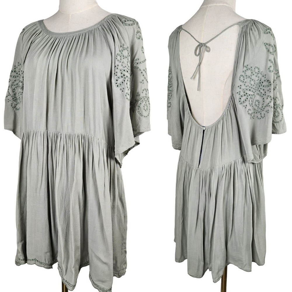 En Creme Eyelet Flare‎ Sleeve Mini Dress Tunic Top M Sage Green Low Back